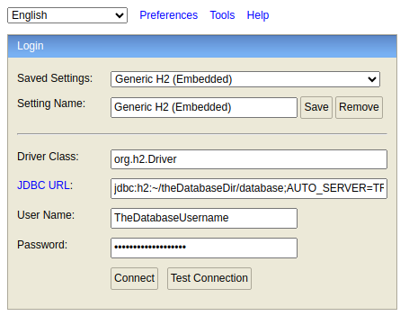 H2 database connection form, with 90s style.
